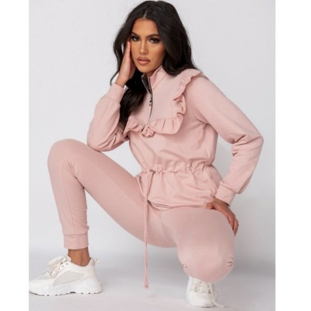 Pink Long Sleeve High Neck Frill Detail Top and Jogger Pants Two Piece Set - Picture 7 of 11